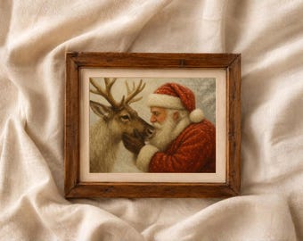 Vintage Santa and Reindeer Portrait: Rustic Holiday Wall Art (Digital Download)