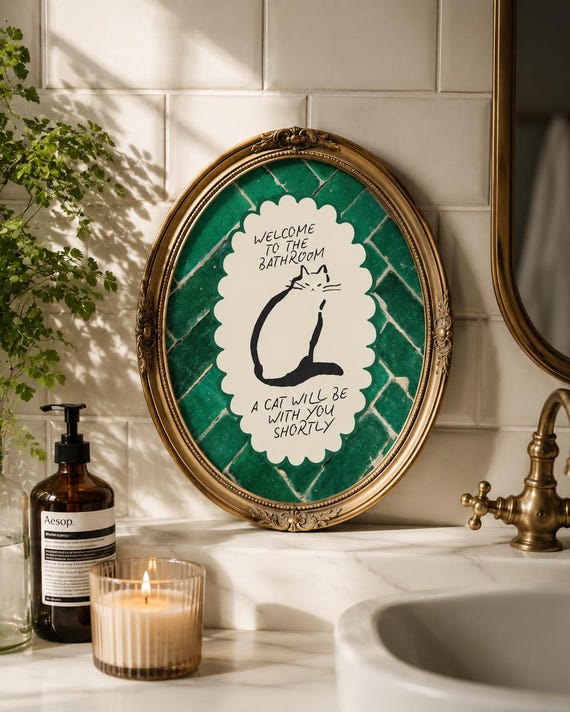Funny Cat Bathroom Wall Art, Sage Green Welcome To The Bathroom Sign, Quirky Bathroom Decor, Cat Lover Gift, Digital Download