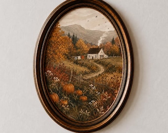 May include: An oval-framed painting depicting a rural autumn landscape with a white cottage, a winding dirt path, and orange pumpkins in the foreground. The scene features golden trees, a mountain backdrop, and a chimney emitting smoke.