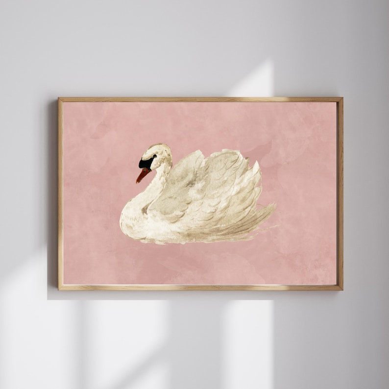 May include: A framed wall art print featuring a white swan with a black beak and orange base, depicted in a painterly style against a solid, muted dusty pink background. The artwork is enclosed in a simple, light-toned wooden rectangular frame.