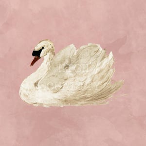 May include: A watercolor illustration of a white swan with a black beak and orange base, positioned on a solid dusty pink background. The text HIGH QUALITY is overlaid in white, centered across the body of the swan in a serif font.