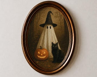 Lámina vintage de Halloween, Lindo fantasma y gato negro en un oscuro bosque otoñal, Arte mural, Arte digital espeluznante de Halloween, Arte tenebroso y misterioso
