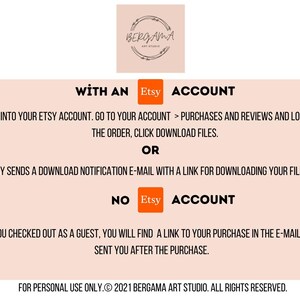 May include: An instructional graphic on a light peach background with the Bergama Art Studio logo at the top. It details how to download files with an Etsy account by checking purchases and reviews, or via email, and for guest checkouts via email link.