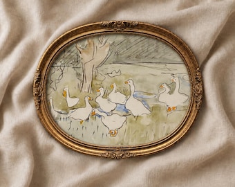 ヴィンテージ風アヒルのプリントウォールアート、アンティーク風ガチョウの水彩画、子供部屋の壁飾り、動物のアートプリント、子供部屋のデジタルウォールアート