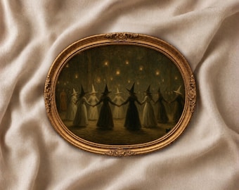 May include: An oval-shaped painting in an ornate gold frame depicting a group of figures wearing pointed hats and long dresses holding hands in a circle. The scene is set in a dark, wooded area illuminated by small, glowing lights suspended in the air.