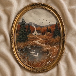May include: An oval-shaped painting in an ornate gold frame depicting a landscape with a small white house, a winding path, a pond with two white ducks, tall pine trees, and autumn foliage under a sky with five birds flying in the distance.