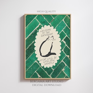May include: A rectangular wall art print featuring a green herringbone tile background. In the center, a scalloped oval contains a black line drawing of a cat and the text: WELCOME TO THE BATHROOM, A CAT WILL BE WITH YOU SHORTLY.