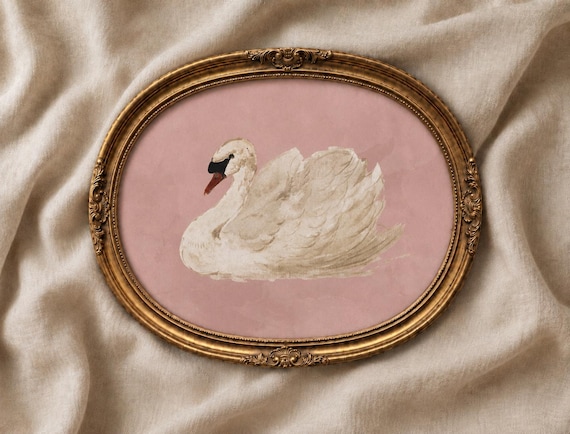 Vintage White Swan Print, Neutral Moody Bird Printable Wall Art, Farmhouse Soft Pink Decor, Antique Swan Painting, Printed & Shipped