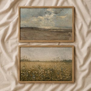 May include: Two framed landscape paintings. The top painting depicts a cloudy sky over a brown field. The bottom painting shows a field of wildflowers. Both paintings are in light brown wooden frames.