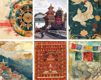 16 Embellishments | nepal (set #3) • mandala • prayer • collage • gods • buddha • religious • ephemera • choice of paper • red • gold [E006]