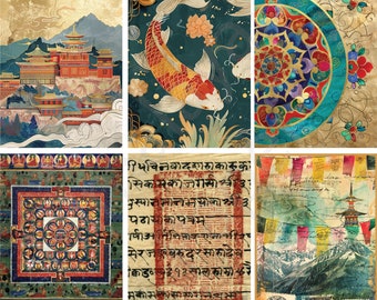 16 Embellishments | nepal (set #2) • mandala • prayer • collage • gods • buddha • religious • ephemera • choice of paper • red • gold [E005]
