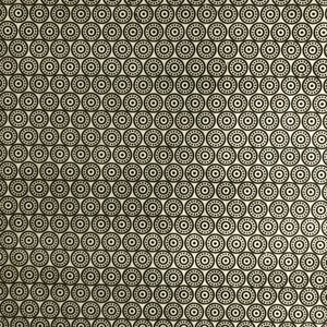 May include: A repeating pattern of black circles with a smaller circle and dots inside, set against a light beige background. The design is evenly spaced, creating a textured, geometric effect. The pattern is suitable for various applications.