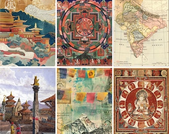 16 Embellishments | nepal (set #1) • mandala • prayer • collage • gods • buddha • religious • ephemera • choice of paper • red • gold [E004]