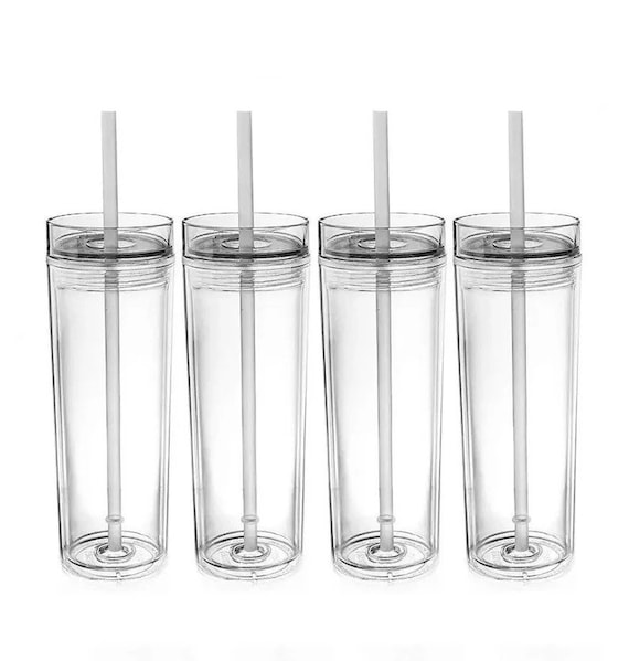 SKINNY TUMBLERS 12 Clear Acrylic Tumblers with Lids and Straws, Skinny,  16oz Double Wall Clear Plastic Tumblers With FREE Straw Cleaner & Name  Tags! Reusable Cup With Straw (Clear, 12) (12)