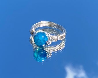 blauer Achatdraht gewickelt Ring