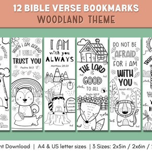 12 Coloring Bible Verse Bookmarks for Kids | Printable Woodland Bookmarks | Bible Verse Bookmarks  |  Kids and Student Gifts