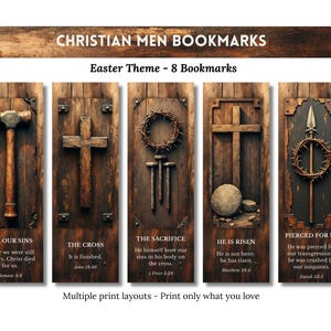 May include: Set of eight Christian-themed bookmarks with an Easter theme. Each bookmark features a different religious symbol, including a hammer, cross, crown of thorns, nails, and spear. The bookmarks are printed on a wooden background with text.