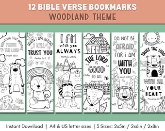 12 Coloring Bible Verse Bookmarks for Kids | Printable Woodland Bookmarks | Bible Verse Bookmarks  |  Kids and Student Gifts