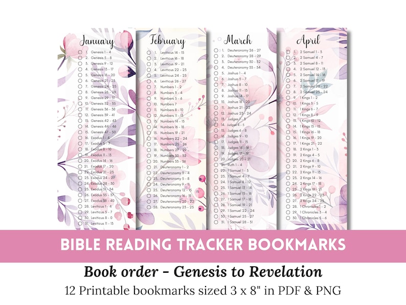 Bible reading tracker bookmarks in the format of book order - Genesis to Revelation. 12 Printable bookmarks sized 3 x 8" in PDF and PNG formats.