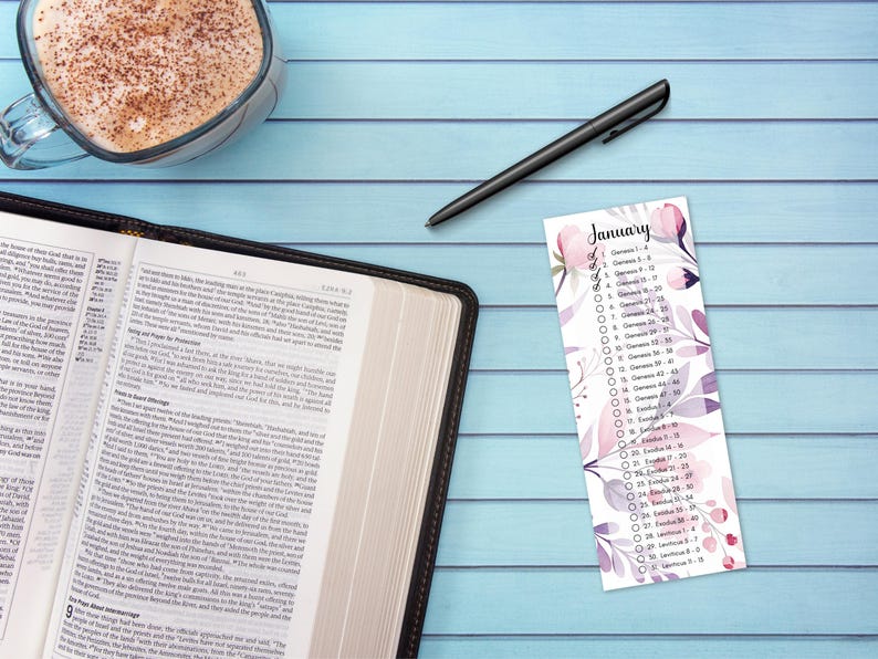 May include: A printable Bible reading plan for January with a floral design. The plan includes daily readings from Genesis, Exodus, and Leviticus.
