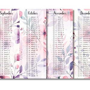 May include: Four printable bookmark designs with floral patterns in shades of pink and purple. Each bookmark features a list of Bible verses for each month, September through December.