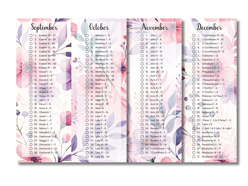 May include: Four printable bookmark designs with floral patterns in shades of pink and purple. Each bookmark features a list of Bible verses for each month, September through December.