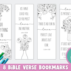 Puede incluir: Ocho marcadores de página imprimibles en blanco y negro con diseños florales y versículos bíblicos sobre el amor. Los versículos incluyen "Haced todo con amor", "Como yo os he amado, así amaos los unos a los otros", "En el amor no hay temor", "El amor perfecto echa fuera el temor", y "El amor es paciente y bondadoso".