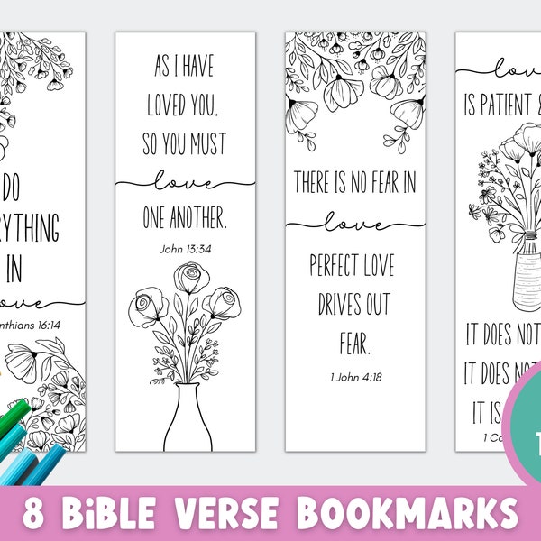 8 Coloring Bible Verse Bookmarks | Printable Love-themed Bookmarks | Christian Bookmarks for Women |  Small Group or Bible Study Resources