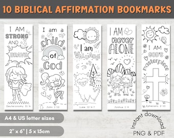 10 Coloring Biblical Affirmation Bookmarks for Kids | Printable Affirmation Bookmarks | Bible Verse Bookmarks  |  Kids and Student Gifts