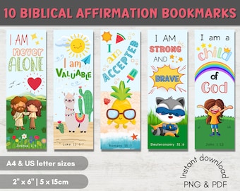 10 Biblical Affirmation Bookmarks for Kids | Printable Affirmation Bookmarks | Bible Verse Bookmarks  |  Kids and Student Gifts