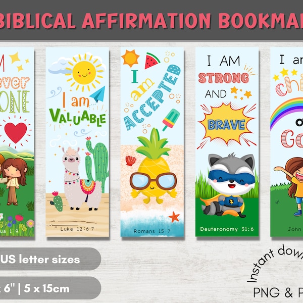 10 Biblical Affirmation Bookmarks for Kids | Printable Affirmation Bookmarks | Bible Verse Bookmarks  |  Kids and Student Gifts