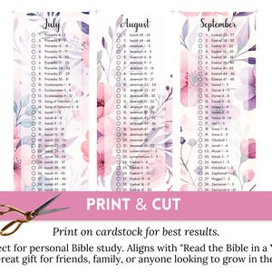 May include: Printable Bible reading plan for July, August, and September. Each month is on a separate card with a floral design and a checklist of Bible verses to read.
