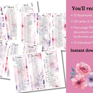 May include: Twelve printable floral bookmarks with a watercolor design. Each bookmark features a different month of the year. The bookmarks are available in US Letter and A4 sizes. Instant download.
