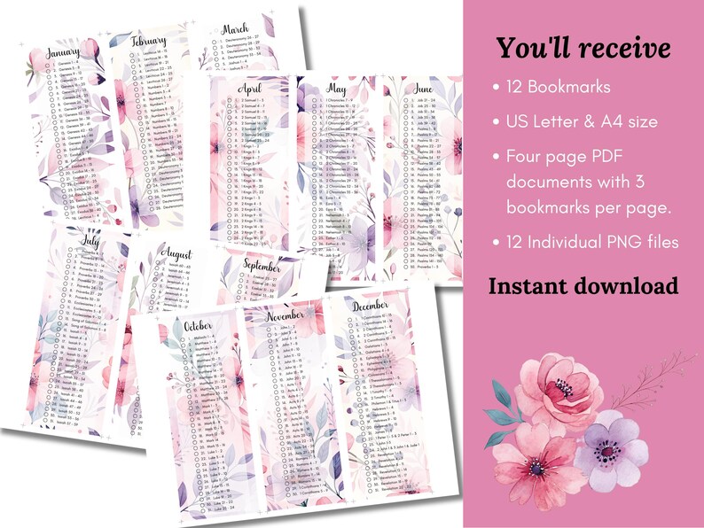 May include: Twelve printable floral bookmarks with a watercolor design. Each bookmark features a different month of the year. The bookmarks are available in US Letter and A4 sizes. Instant download.