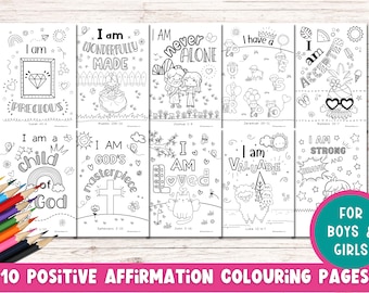 10 Biblical Affirmation Colouring Pages for Kids | Printable Affirmation Colouring Pages | Bible Verse Colouring Pages