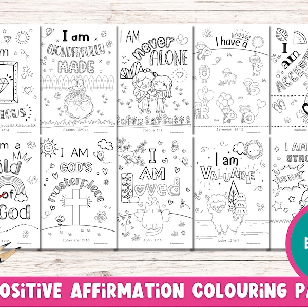 10 Biblical Affirmation Colouring Pages for Kids | Printable Affirmation Colouring Pages | Bible Verse Colouring Pages