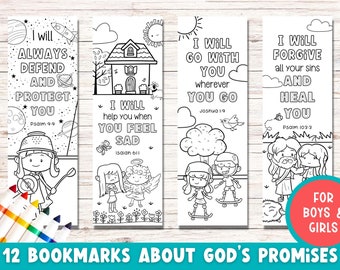 12 Coloring Bible Verse Bookmarks for Kids | Printable Gods Promises Bookmarks | Bible Verse Bookmarks  | Kids Gifts | Kids Bible Study