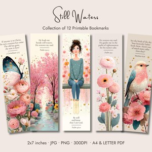 Può includere: Una collezione di 12 segnalibri stampabili intitolata Still Waters, con illustrazioni di farfalle, fiori rosa, una persona seduta su una panchina e un uccello. Ogni segnalibro include un testo religioso e misura 5,08x17,78 cm in JPG, PNG e PDF.