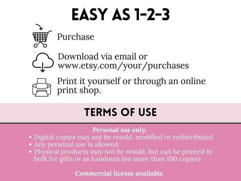 May include: A pink and white graphic with the text "EASY AS 1-2-3" and instructions for purchasing, downloading, and printing a digital product. The text "TERMS OF USE" is also included with a list of terms for personal and commercial use.