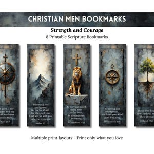 Puede incluir: Un conjunto de ocho marcadores de escritura imprimibles con un tema cristiano. Cada marcador presenta un diseño diferente, que incluye una brújula, una montaña, un león y un árbol, con citas inspiradoras. El texto "Fuerza y Coraje" se muestra en la parte superior.