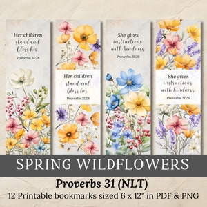 Signets de versets bibliques pour femmes | Marque-pages fleurs sauvages | Proverbes 31 | Marque-pages chrétiens imprimables | Fête des mères | Éphémères | Album de coupures