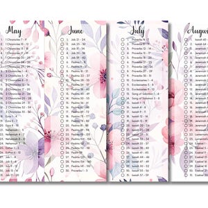 May include: A printable Bible reading plan for the months of May, June, July, and August. Each month is on a separate card with a floral background. The cards list the book and chapters to read each day.