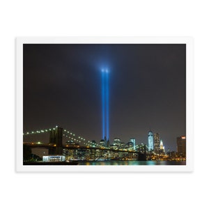 9/11 Light Memorial, 9/11 Tribute in light, September 11th, Twin Towers, Brooklyn Bridge, Manhattan, Framed poster