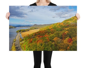 Puente de Bear Mountain con vista al río Hudson y las vías del tren, región del valle del Hudson de Nueva York, póster sin marco, arte de pared