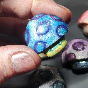 SO many cute magnets! Six (6) colorful mushroom magnets. Mushrooms with happy faces. One of a Kind Resin Creation.