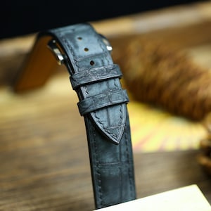 Waxy Black Alligator Leather Watch Strap 24mm 22mm 21mm 20mm Waxy Leather Watch Band Deployant Clasp Grey Alligator Leather 18mm 16mm 14mm