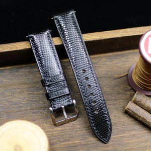 Medium Shine Black Lizard Leather Watch Strap 24mm 22mm 21mm 20mm Handmade Black Leather Lizard Watch Band Lizard Leather 18mm 16mm 14mm