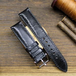 Lizard Black Leather Watch Strap 24mm 22mm 21mm 20mm Handmade Black Leather Lizard Watch Band Lizard Leather Watch Strap 18mm 16mm 14mm