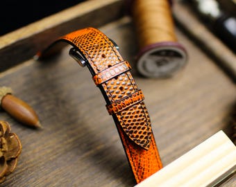 Orange Black Lizard Leather Watch Strap 24mm 22mm 21mm 20mm Handmade Leather Lizard Watch Band Lizard Leather Watch Strap 18mm 16mm 14mm