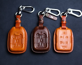 Leather Key Fob Cover For 2021 2022 2023 Chevy Silverado Smart Remote Case Chevy Suburban 2020 Yukon XL G-M-C Accessories Keyless Holder